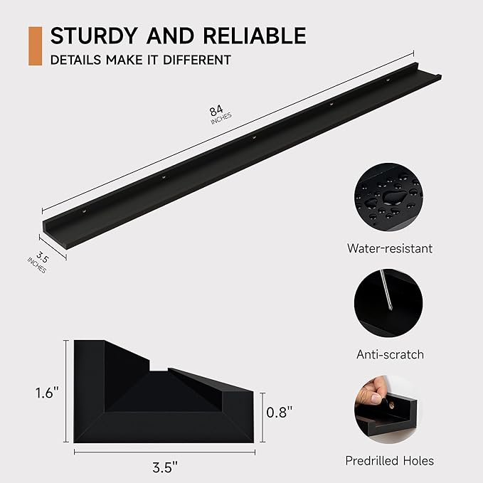 Floating Picture Ledge Shelves for Wall Set of 2, 84 Inches Picture Ledge Shelf with Long Large Nursery Book Shelf for Toys Storage Kids Bookshelf Wall Mounted Living Room Bedroom Decor Frames, Black