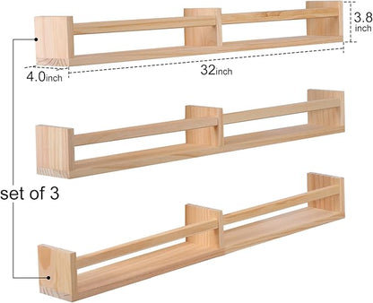 Nursery Book Shelves for Wall Set of 3，Natural Wood Wall Bookshelves for Kids Room(32 inches Set of 3)