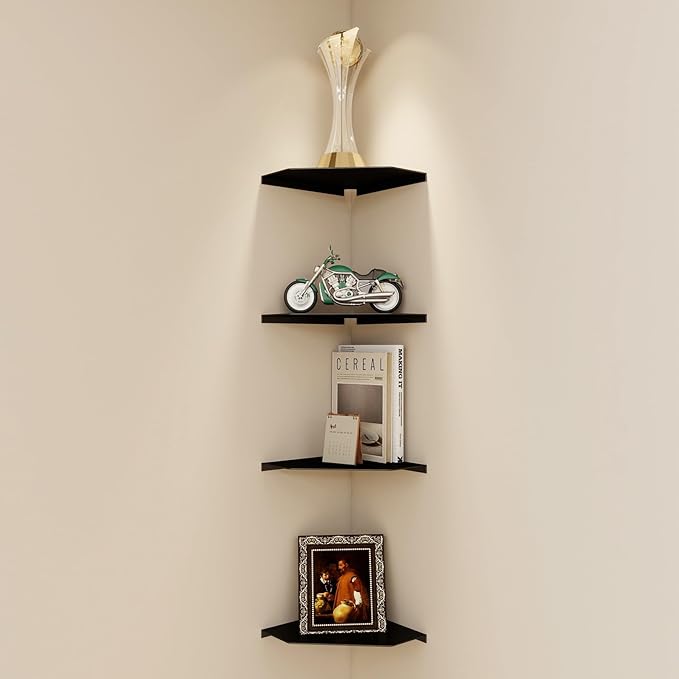 10 Inch Black Floating Corner Shelf Wall Mounted, Large Triangle Shelf for TV Box, Router, Speakers, Wine & Trophies