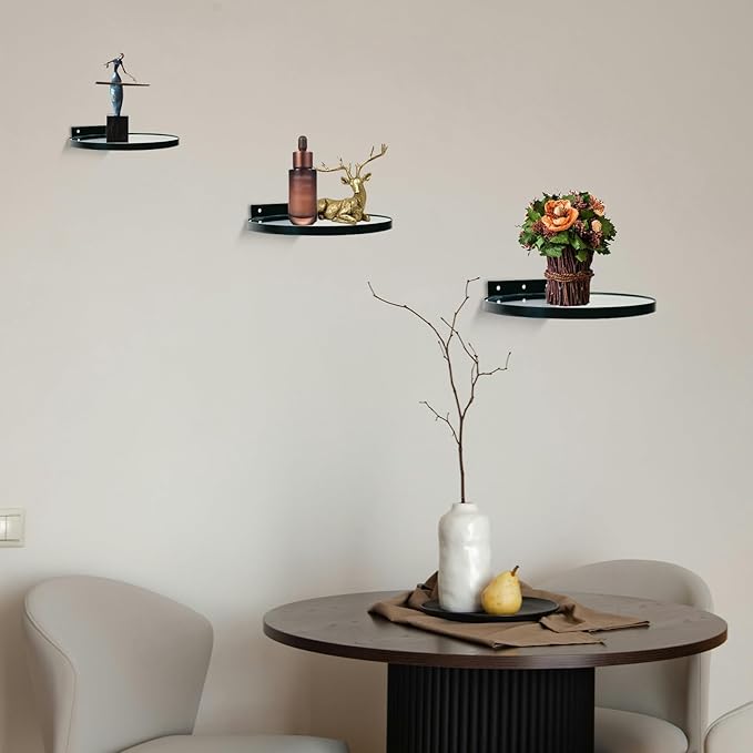 Cityelf Floating Shelves Wall Mounted Wall Decor Iron Glass Hanging Shelf Home Decor Set of 3 Display Ledge Shelves for Living Room Bedroom Office-Black
