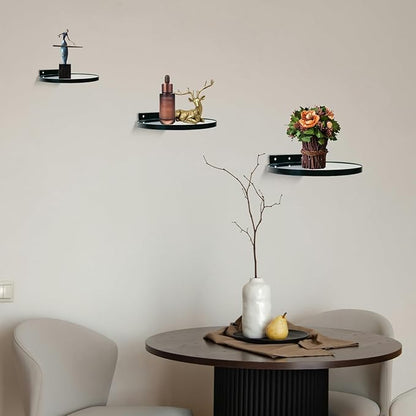 Cityelf Floating Shelves Wall Mounted Wall Decor Iron Glass Hanging Shelf Home Decor Set of 3 Display Ledge Shelves for Living Room Bedroom Office-Black