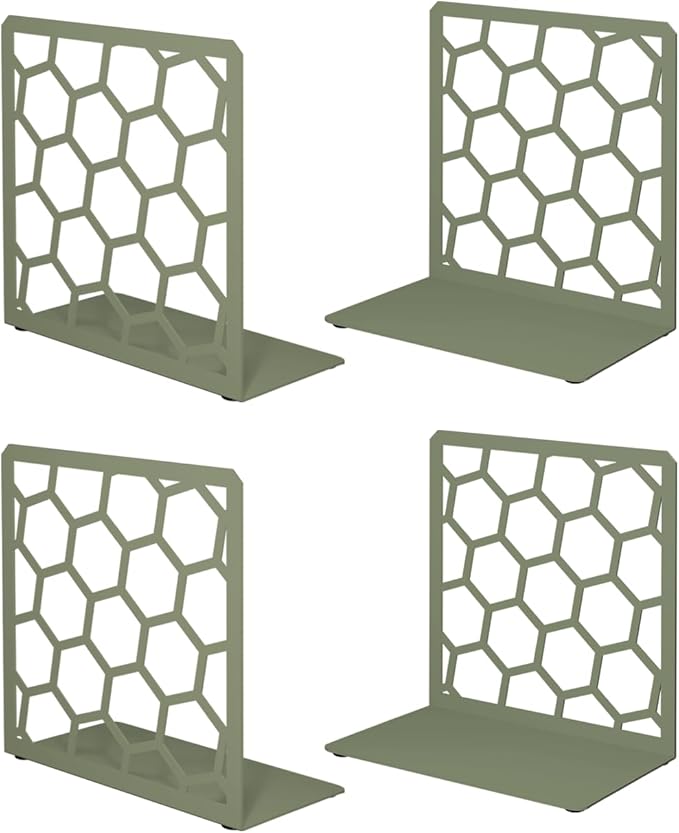 GEOMOD Geometric Honeycomb Sage Metal Bookends Decorative - Tall Sturdy Book Ends for Shelves - Modern Heavy Duty Bookend Stopper - Office or Home Book Shelf Holder - 6x3.25x6.25 Inches-2 Pair