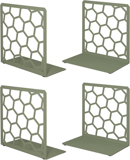 GEOMOD Geometric Honeycomb Sage Metal Bookends Decorative - Tall Sturdy Book Ends for Shelves - Modern Heavy Duty Bookend Stopper - Office or Home Book Shelf Holder - 6x3.25x6.25 Inches-2 Pair