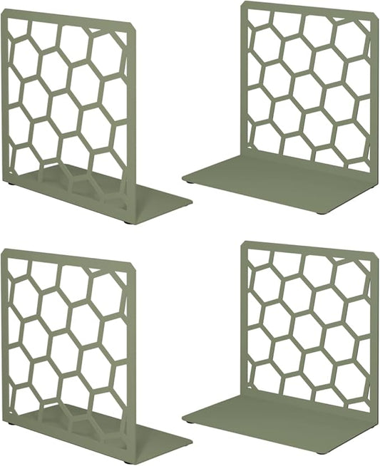 GEOMOD Geometric Honeycomb Sage Metal Bookends Decorative - Tall Sturdy Book Ends for Shelves - Modern Heavy Duty Bookend Stopper - Office or Home Book Shelf Holder - 6x3.25x6.25 Inches-2 Pair