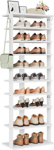 HOOBRO 10 Tiers Vertical Shoe Rack, Wooden Shoe Storage Organizer with Hooks, Narrow Shoe Tower for 20 Pairs, Space Saving, for Entryway, Living Room, Bedroom, White WT140XJ01
