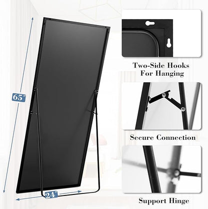 DUMOS Full Length Mirror with Stand, 65"x24" Floor Mirror with Aluminum Alloy Frame for Bedroom, Standing Full Body Mirror with Shatter-proorf Nano Glass for Wall, Living Room, Cloakroom, Black