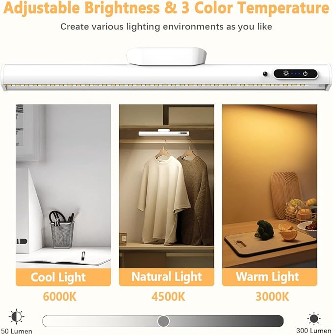 Rechargeable Magnetic LED Light Bar with Remote, Under Cabinet Lighting Wireless, Battery Powered Operated Wall Strip Lights, Dimmable Desk Lamp for Mirror Closet Bathroom Kitchen – White
