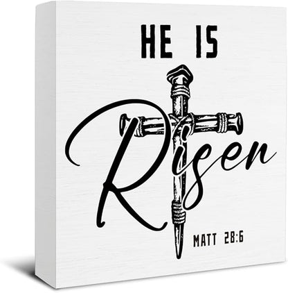 Easter Decor - Religious Gifts for Women Men - He Is Risen Matt 28:6 Wooden Sign Home Office Living Room Bedroom Kitchen Bathroom Desk Table Shelf Decor - 5 x 5 Inches