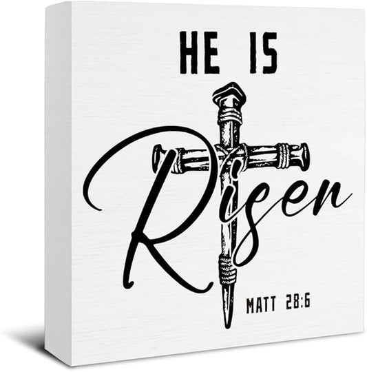 Easter Decor - Religious Gifts for Women Men - He Is Risen Matt 28:6 Wooden Sign Home Office Living Room Bedroom Kitchen Bathroom Desk Table Shelf Decor - 5 x 5 Inches