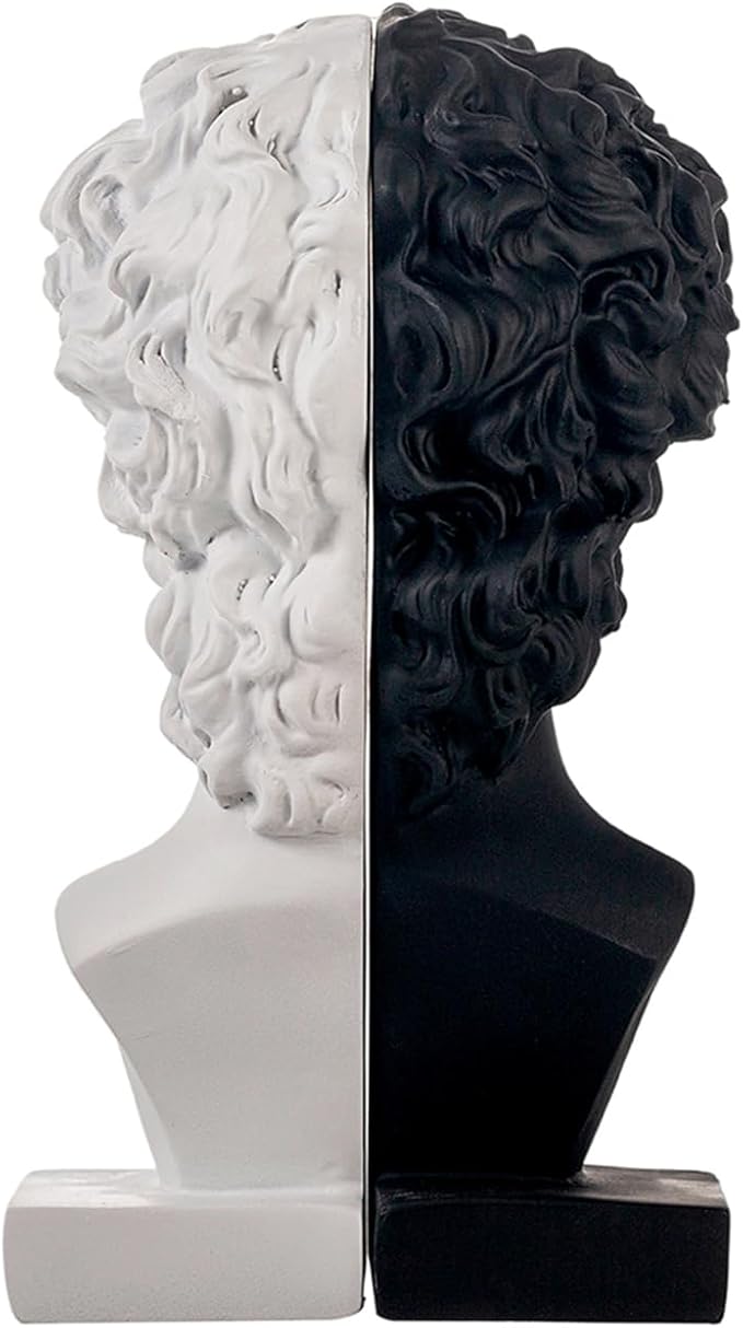 Lukitas David Head Decorative Bookends, Heavy Duty Half-and-Half Book Ends Non-Slip, Classical Artistic Sculpture for Office Home Bookshelf Decor, Black & White, Resin 9.5''