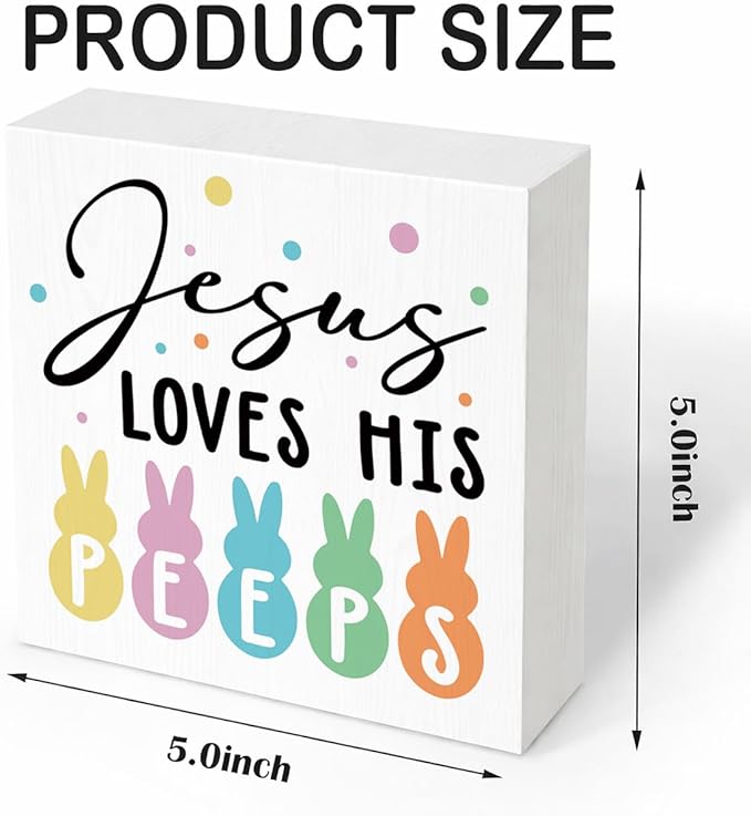 Christian Easter Decor Jesus Loves His Peeps Wooden Box Sign, Religious Bunny Easter Decorations for Home, Farmhouse Easters Desk Decorations for Office Kitchen Shelf Plaque 5x5 Inch