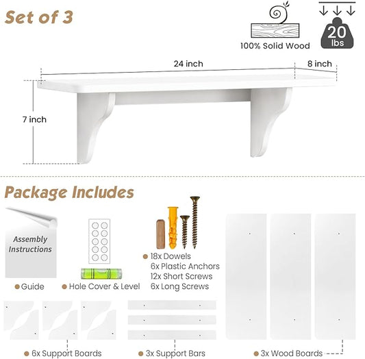 Forbena 24 Inch Wall Shelves for Bedroom Set of 3, Large Bathroom Floating Shelves for Wall, Long Decorative Hanging Arched Shelving Unit for Living Room Kids Girls Room Nursery Office (White)