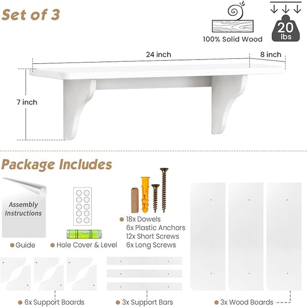 Forbena 24 Inch Wall Shelves for Bedroom Set of 3, Large Bathroom Floating Shelves for Wall, Long Decorative Hanging Arched Shelving Unit for Living Room Kids Girls Room Nursery Office (White)