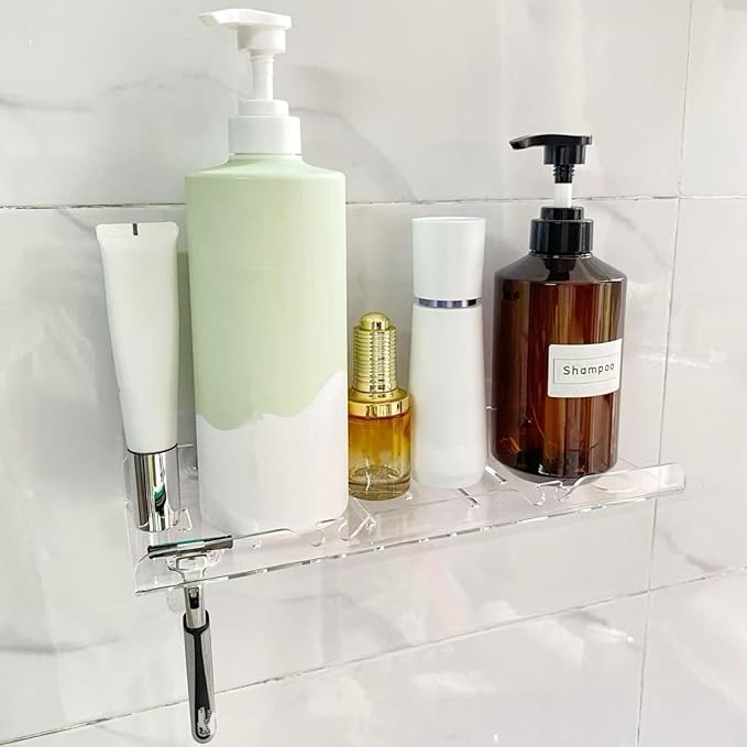 Acrylic Floating Shelves, 2 Pack, 12 inch, Adhesive Bathroom Shelves, Rental Friendly Wall Shelf No Drill Shelf, Wall Organizer for Perfume, Cosmetics, Skincare, Home Decor