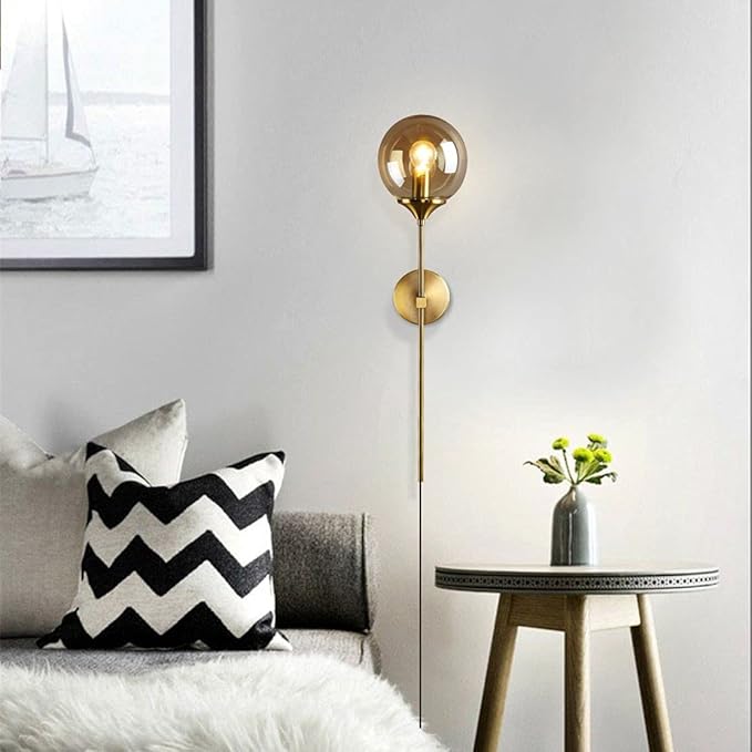 BOKT Mid Century Modern Gold Long Pole Wall Sconce Lighting Plug in Cord Minimalist Amber Glass Globe Wall Sconce Light Plug in Vintage Bathroom Bar Wall Lamp Light Fixture (Amber-Plug in)
