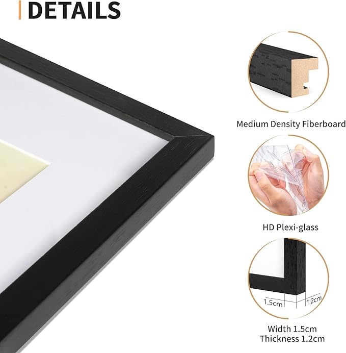 8x10 Picture Frame Set of 4, Displays 5x7 with Mat or 8x10 Without Mat, Photo Frames for Wall Hanging or Tabletop, Includes HD Plexiglass, Black