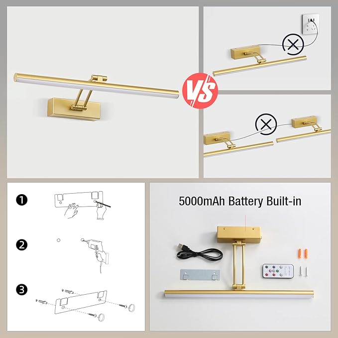 Wireless Picture Light,5200mAh Battery Operated Picture Lights with Remote,Gold Picture Light, Full Metal Painting Light for Wall Display, Gallery,Portrait,Bedroom (Gold)