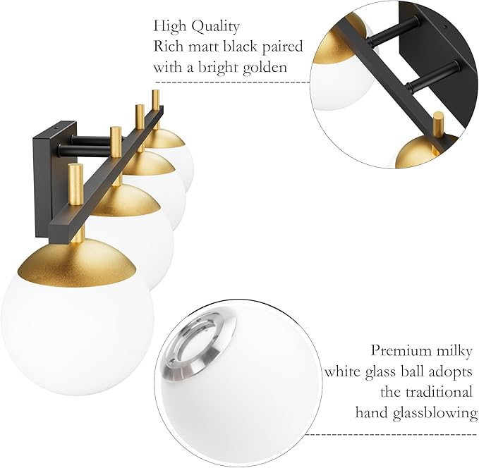 Ralbay Mid Century Modern Vanity Light Fixture 4-Light Milky Glass Modern Bathroom Vanity Lights Over Mirror, Black/Golden Modern Vanity Light for Bathroom Black and Gold 4 Light(Exclude Bulb)