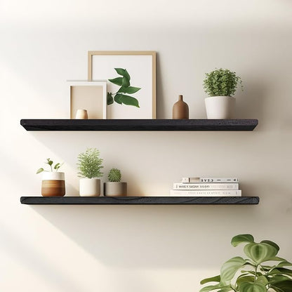 Floating Shelves 24 Inches Long, Set of 2 Solid Rustic Wood Wall Mounted Shelves, Wall Picture Ledge Shelf with Invisible Metal Brackets for Living Room, Bedroom, Bathroom, Black