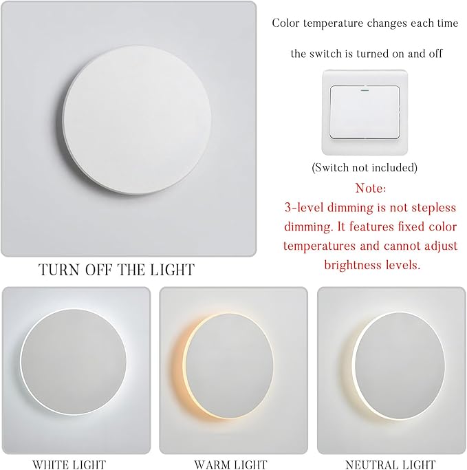Modern Wall Sconce Light 3-Level Dimming LED Wall Lamp Minimalist White/Black Round Disc Indoor LED Mounted Lamp for Bedroom Living Room Bathroom Corridor Porch Stairs