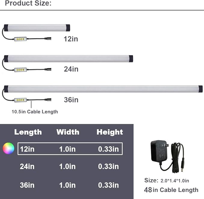 Dimmable Under Cabinet Lighting, RGB LED Light Bar, Inline Control Lamp, Multicolor Under Counter Lights for Desk, Room, Cupboard, Hallway, Shelf, Closet (12 Inch)