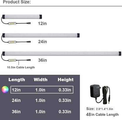 Dimmable Under Cabinet Lighting, RGB LED Light Bar, Inline Control Lamp, Multicolor Under Counter Lights for Desk, Room, Cupboard, Hallway, Shelf, Closet (12 Inch)