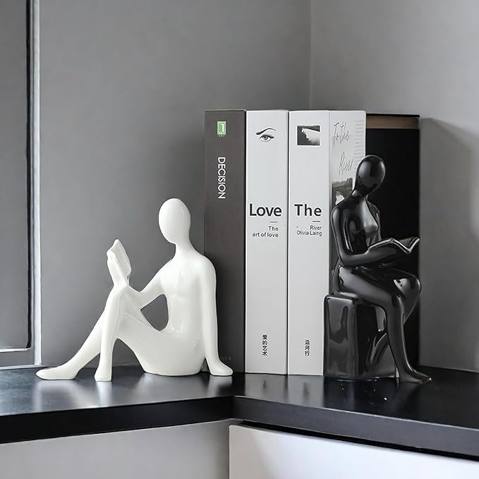 Home Decorative Reading Couple Statue Bookends Elegant Ceramic Bookshelf Room Office Desk Decor,Paper Weights, Book Ends,Bookend Supports, Book Stoppers, Set of 2 (Black and White)