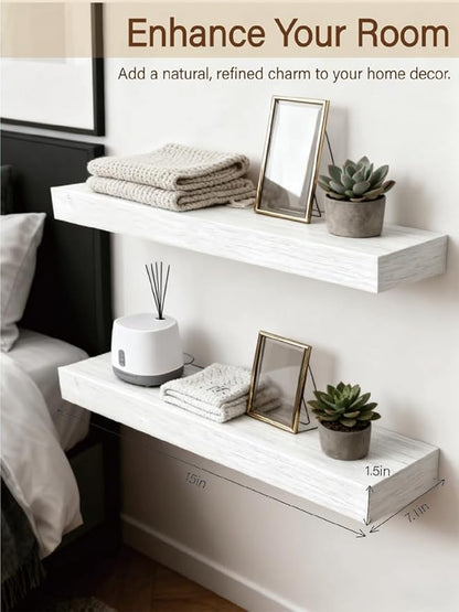 Solid Wood Floating Shelves,15in Finished Real Wood Wall Shelves with Heavy-Duty Hidden Bracket, Easy Installation, Set of 2, 15in x 7.1in x 1.5in, for Living Room Bedroom Kitchen,White