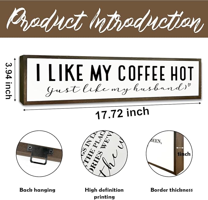 Funny Coffee Wood Sign, Rustic Coffees Station Decor, Coffees Home Decor for Kitchen Bar, Anniversary Decoration, I Like My Coffee Hot Just Like My Husband Sign, 17.8x4x1.2 inches