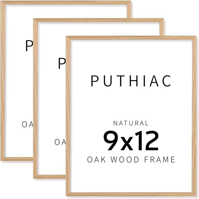 puthiac 9x12 Solid Oak Wood Picture Frame, Fits 6x8 with Mat or 9x12 Without Mat, Wall or Tabletop Display with Stand, Vertical or Horizontal, Plexi Front, 3 Pack, Natural Oak