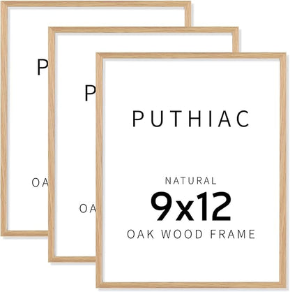 puthiac 9x12 Solid Oak Wood Picture Frame, Fits 6x8 with Mat or 9x12 Without Mat, Wall or Tabletop Display with Stand, Vertical or Horizontal, Plexi Front, 3 Pack, Natural Oak