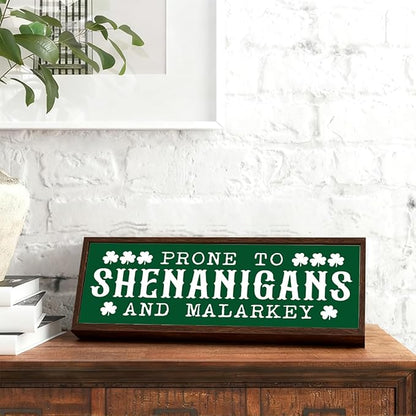 St Patricks Day Decor Signs, Lucky Clover Home Decors, St. Patrick's Day Themed Decor for Cafe Shop Coffee Bar, Desk Decors Art, Prone to Be Shenanigans and Malarkey Sign, 9.5x3.1x1 inches