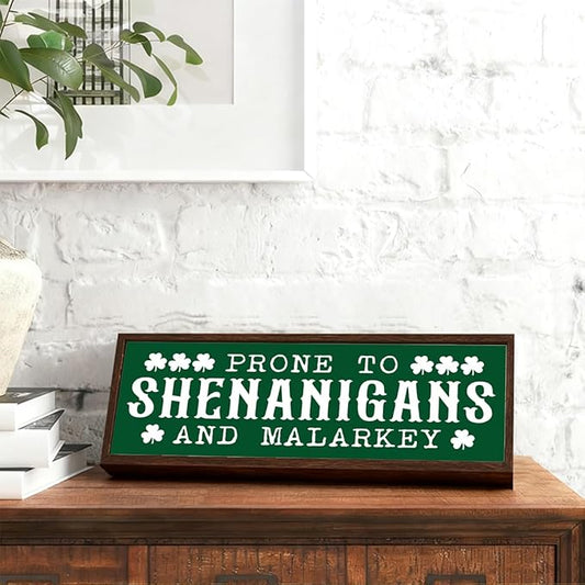 St Patricks Day Decor Signs, Lucky Clover Home Decors, St. Patrick's Day Themed Decor for Cafe Shop Coffee Bar, Desk Decors Art, Prone to Be Shenanigans and Malarkey Sign, 9.5x3.1x1 inches