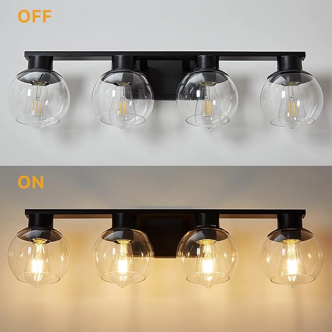 PAZALA 4-Lights Bathroom Vanity Light, Modern Bathroom Lighting Fixtures with Globe Glass Shade, 30in Matte Black Wall Sconce for Bath Over Mirror Kitchen Cabinet Bedroom Hallway Farmhouse, E26 Base