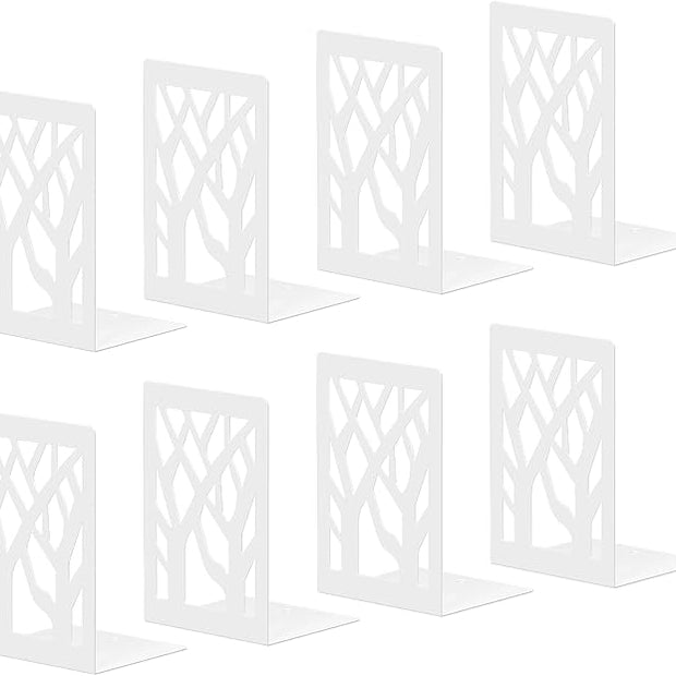 White Bookends 8 Pack, Tree Design Modern Metal Bookends for Shelves, Unique Tree Book Ends Decorative Book Organizer for Desk, Decorative Shelve Book Stopper for Home Office
