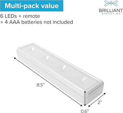 Brilliant Evolution Wireless LED Under Counter Lights with 2 Remote Controls - 6-Pack Battery Operated Under Cabinet Lighting Fixtures - Stick On Push Lights with Timer - Warm White, 8.5" x 2" x 0.6"