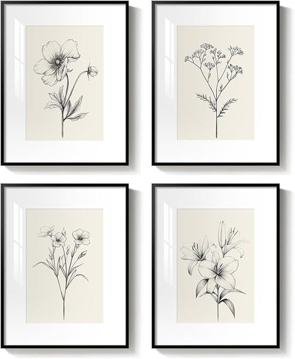 Framed Vintage Botanical Wall Art Set, 4 Piece Minimalist Black and White Floral Prints Artwork for Walls, Neutral Flower Pictures for Modern Farmhouse Bedroom Living Room Bathroom Wall Decor, 12x16