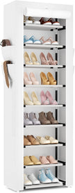 Shoe Rack with Cover Narrow Shoe Rack Organizer with 4 Side Pockets 10 Tier Tall Shoe Storage Shoe Shelf Holds 18-22 Pairs Shoes and Boots Shoe Rack for Closet, White