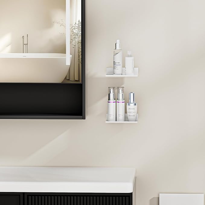 Small Adhesive Wall Shelves Set of 2, White Floating Shelves for Wall 8 Inch, Metal Display Shelf for Living Room, Bderoom, Kitchen, Bathroom, Office Decor