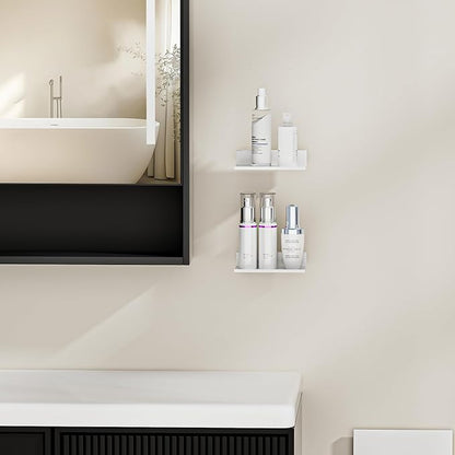 Small Adhesive Wall Shelves Set of 2, White Floating Shelves for Wall 8 Inch, Metal Display Shelf for Living Room, Bderoom, Kitchen, Bathroom, Office Decor