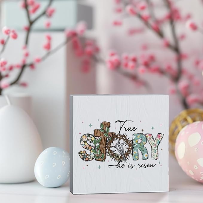He Is Risen Sign Easter Religious Decorations Christian Easter Decor Spring Decor Wooden Box Sign for Home Office Bedroom Living Room Desk Shelves