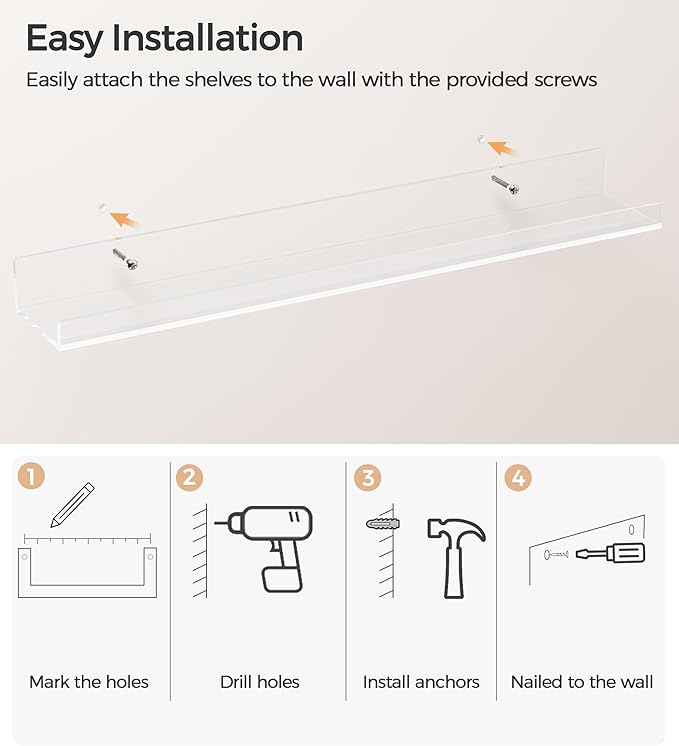 HBlife 24 Inches Invisible Wall Floating Bookshelf for Kids and Nursery, 16 Inch Stud Spacing Clear Acrylic Shelves for Figures, 3 Pack (5MM Thick)