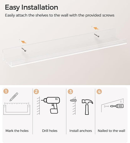 HBlife 24 Inches Invisible Wall Floating Bookshelf for Kids and Nursery, 16 Inch Stud Spacing Clear Acrylic Shelves for Figures, 3 Pack (5MM Thick)