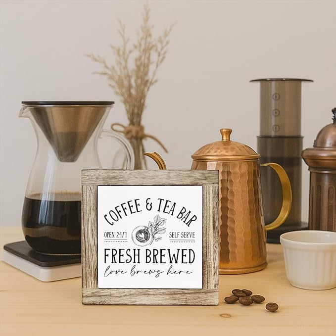 Coffee and Tea Bar Decor, Farmhouse Coffee Bar Sign, Farmhouse Kitchen Tiered Tray Decor, Rustic Wood Signs for Cafe Bars, for Home Kitchen Bars Accessories 5.9×5.9 inch