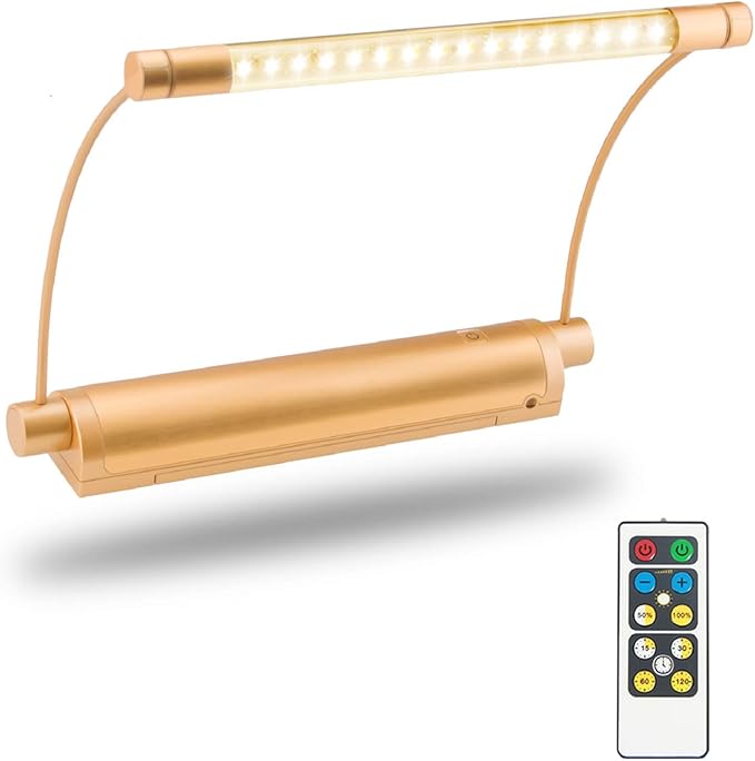 LUXSWAY Cordless Painting Light,Battery Operated Picture Light with 9 Inch Light Tube,Art Lights for Painting,Remote Control Timer Auto Off,Dimmable Accent Lighting Picture Artwork-Gold