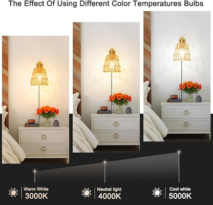 Boho Plug in Wall Sconce Set of 2, Gold Plug Sconces Set of 2, Rattan Sconce Light Fixture with 5.9FT On/Off Switch Cord, Farmhouse Wall Mounted Light for Bedroom Living Room Reading Hallway