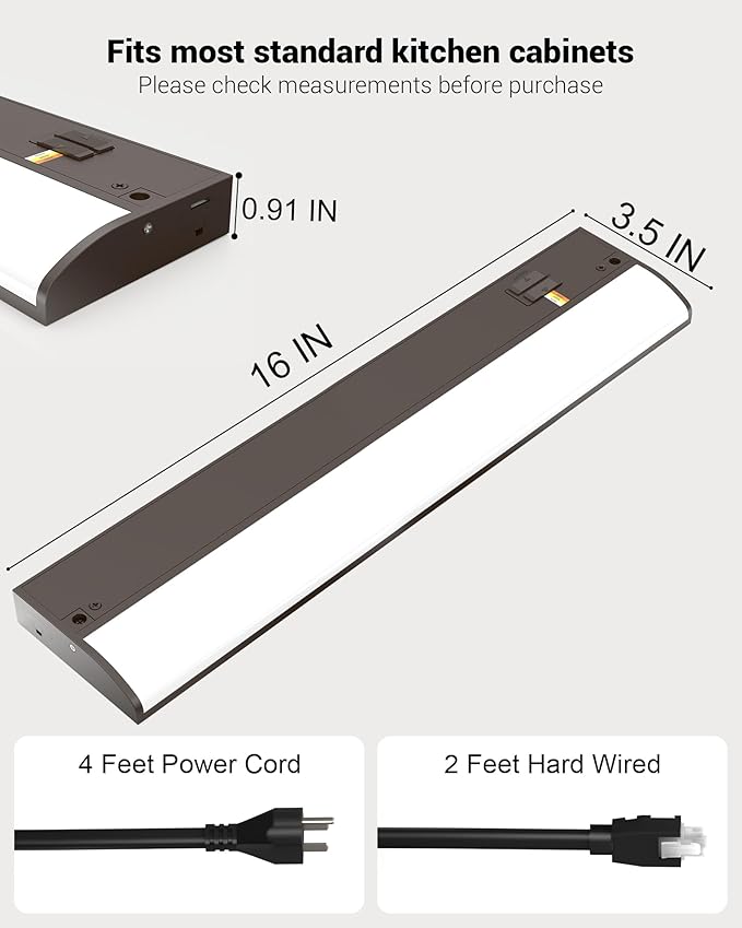 16 Inch LED Under Cabinet Light, Plug in Kitchen Lighting, 3CCT Selectable (3000K/4000K/5000K), CRI94 High Color Accuracy, Linkable, Slim Design Dimmable, Brown