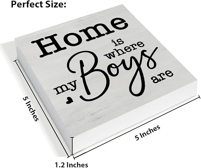 New Mom Gifts Rustic Family Decor Home Is Where My Boys Are Wooden Sign Family Decorations for Home Living Room Bedroom Desk Shelf Table 5 x 5 Inches