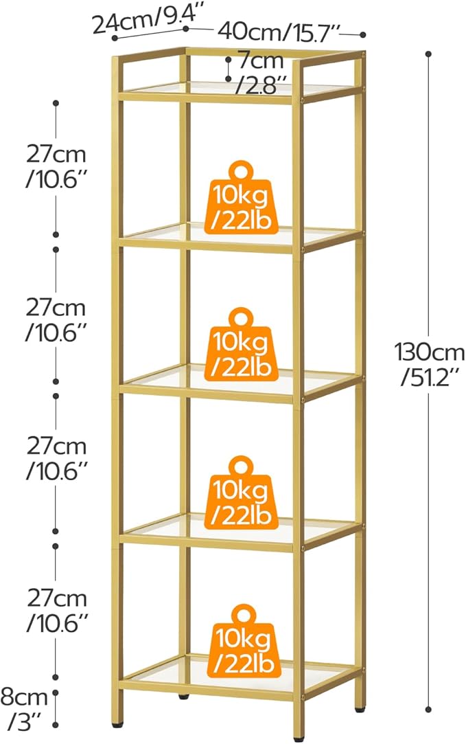 HOOBRO 5-Tier Gold Shelf, Narrow Book Shelf, Display Cabinet with Glass Bookcase, Corner Shelf Storage for Small Spaces, for Home Office, Living Room, Bedroom, Gold GD45SJ01