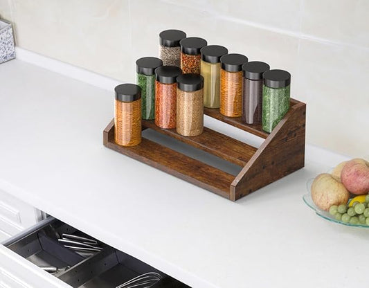 3 Tier Wood Spice Rack Organizer for Cabinet, Super Sturdy Display Riser Shelf Seasoning Organizer for Countertop Pantry Cupboard, Retro Storage Holder for Kitchen Condiment Jar Spice Container